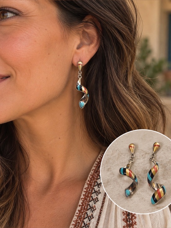 Jewelry - Zuni Sterling Silver Spiral Inlay Earrings by Idella Edaakie | Keshi Santa Fe